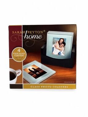 Sarah Peyton Home Glass Photo Coasters Set of 4 with Wood Holder 2x3 Photos